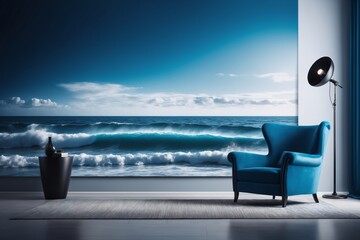 Einrichtungsidee veranschaulicht die Wirkung von Fototapeten. Ein blauer Sessel steht vor einer leeren Wand mit einer wunderschönen Meerestapete mit Wellen im Hintergrund.