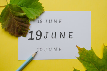 19 june day of month on a white sheet and the dates of the day earlier and later, written in simple pencil. Decoration with green leaves and yellow background.
