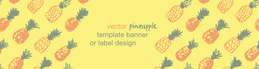 Pineapple seamless pattern with color hand drawn pineapples ornament. Healthy food idea banner template design. Organic ananas label template. Fruit and berries doodles for natural cosmetic design.