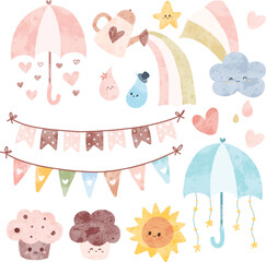 Watercolor Illustration set of cute doodles