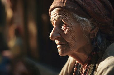 Old Turkish woman in sun light. Aging mature female face summer. Generate Ai - obrazy, fototapety, plakaty