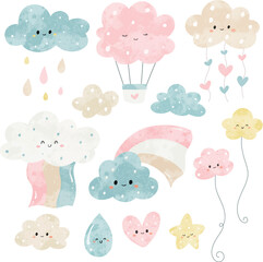 Watercolor doodle set of cute cloud with umbrella, stars moon, and rainbow