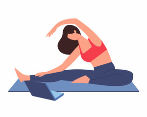 Women watching online yoga classes on laptop stay fit stay home Healthy lifestyle and wellness Flat style vector illustration.