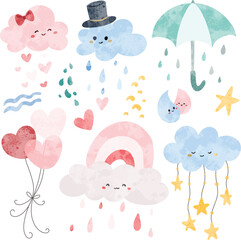 Watercolor doodle set of cute cloud with umbrella and balloons