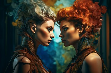 Obraz premium Female lovers portrait closeup. Loving studio two models style. Generate Ai