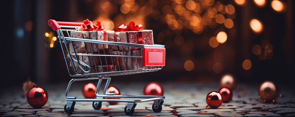 Christmas gift boxes and Christmas balls in shopping cart against blurred lights background. - obrazy, fototapety, plakaty