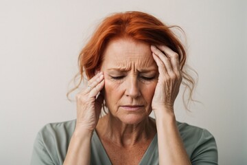 an adult long curly redhead attractive mature woman with migraine headache holding his head having pain on solid white background. Generative Ai.