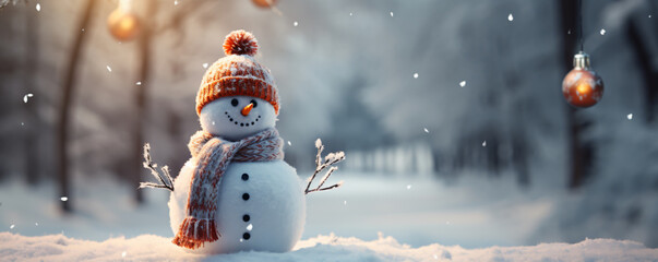 Snowman wearing a hat and scarf in winter scenery. Merry Christmas and Happy New Year greeting card. Forest background.