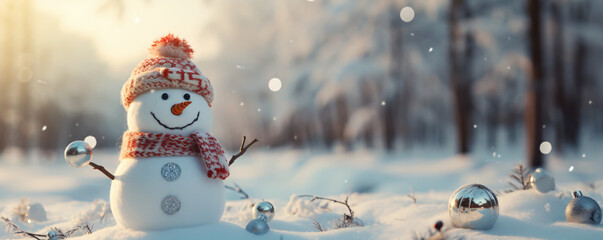 Snowman wearing a hat and scarf in winter scenery. Merry Christmas and Happy New Year greeting card. Forest background. - obrazy, fototapety, plakaty