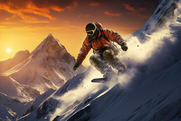 male snowboarder snowboarding in winter in mountains at sunset - Powered by Adobe
