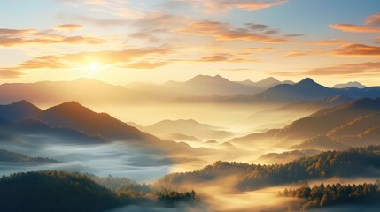 misty autumn morning sunrise landscape illustration sky forest, background mist, scenery outdoor misty autumn morning sunrise landscape - obrazy, fototapety, plakaty