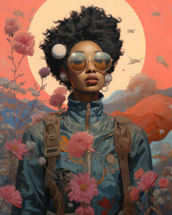 Schwarze Frau mit Brille und rose Blüten