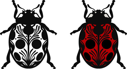 Ladybug illustration vector set, hand drawn folk inspired decorated beetle with dots, red and black line art bug design.
