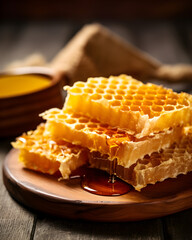 Close-Up of Edible Raw Honeycomb with Dripping Honey on Wooden Plate