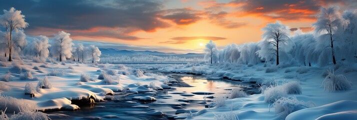 panorama landscape with winter forest, mountains and river at sunset