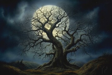Nocturnal tree illuminated by moonlight. Generative AI