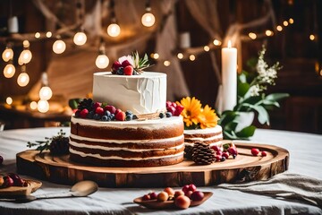 Boho style wedding cake on wooden plateBoho style wedding cake on wooden plate, on table on light background in room interior - obrazy, fototapety, plakaty