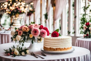wedding cake with flowers at a restaurant - Powered by Adobe