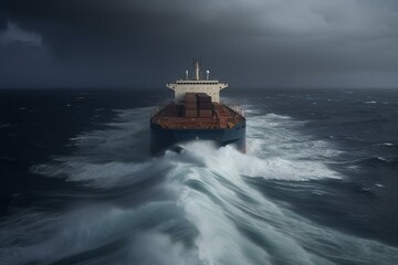 Cargo ship maneuvering through turbulent ocean amid thunderstorm. Generative AI - obrazy, fototapety, plakaty