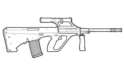 Close-up of an assault rifle AUG bullpup on an isolated white background, line Art. Military weapons, gan concept 