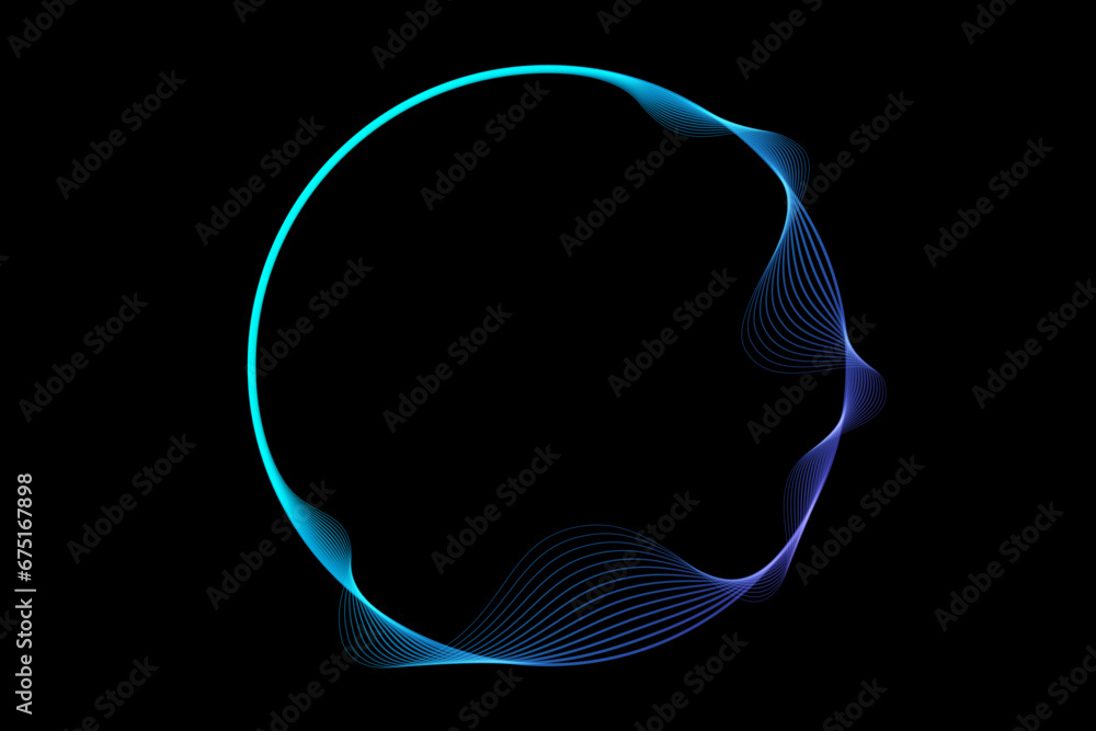 Poster abstract circle round frame by lines wavy flowing blue green gradient isolated on black background. 