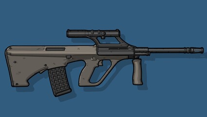 Close-up of an assault rifle AUG bullpup on an isolated blue background, line Art. Military weapons, gan concept 