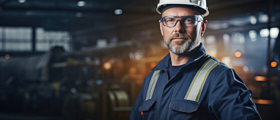 Portrait of Professional Heavy Industry Engineer Worker Wearing Safety Uniform, Goggles and Hard Hat Smiling.
