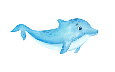 Watercolor cute dolphin. Hand drawn illustration isolated on white background. Undersea world. Underwater animal