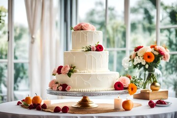 beautiful wedding cake, on table on light background in room interior