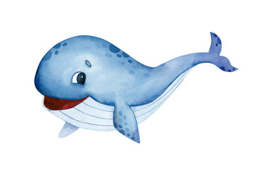 Watercolor whale isolated on white background. Hand drawn illustration