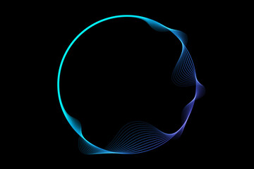 Abstract circle round frame by lines wavy flowing blue green gradient isolated on black background. Vector in concept modern, technology, science, music. - 675167898