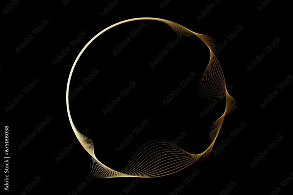 Poster abstract circle round frame by lines wavy flowing gold gradient isolated on black background. vector