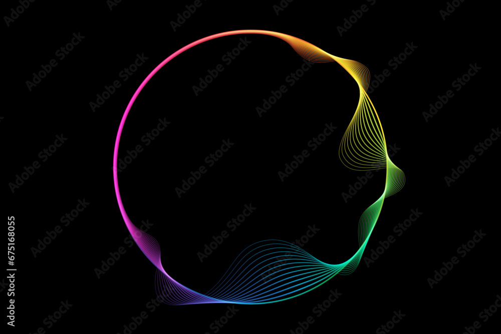 Poster Vector abstract circles lines wavy in round frame colorful spectrum light gradient isolated on black background with empty space for text