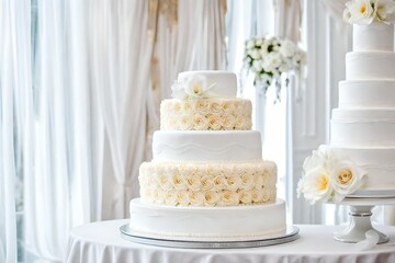Fototapeta na wymiar White multi-tiered wedding cake in white tones. The concept of the holiday
