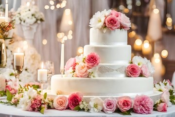 Obraz na płótnie Canvas wedding cake decoration, on table on light background in room interior