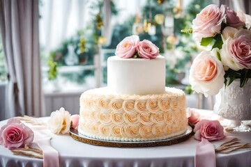 Obraz na płótnie Canvas wedding cake decoration, on table on light background in room interior