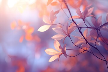 Mood lighting, close-up shots of many colorful leaves and flowers on tree branches, and generative ai.