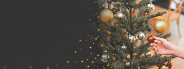 Merry Christmas background or banner with copy space. Concept of Christmas is coming, ornament, greeting card, party or event invitation and gift card. Celebrate glow, gold, bokeh and snow winter card