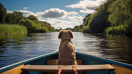 chien assis à l'avant d'une barque en train de flotter sur un lac - obrazy, fototapety, plakaty