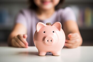 Obraz na płótnie Canvas Child learns to save with his pink piggy bank. A prosperous future begins with small savings. Financial education, money savings and business financial banking concept.
