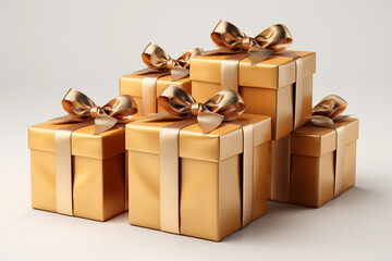 Christmas presents on white background, golden, isometric, wrapped up