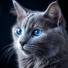 A close-up realistic photograph of a cat with blue eyes against a black background.