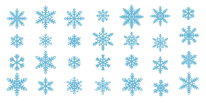 Blue snowflake icon set, cute hand drawn snow illustration elements, doodles with round shapes.