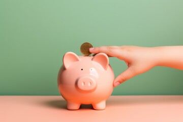 Child learns to save with his pink piggy bank. A prosperous future begins with small savings. Financial education, money savings and business financial banking concept.