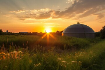 Sunset over a biogas plant. Generative AI - obrazy, fototapety, plakaty