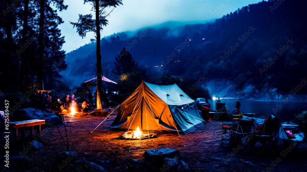 Aufkleber tent set up in the middle of field with campfire in front of it.