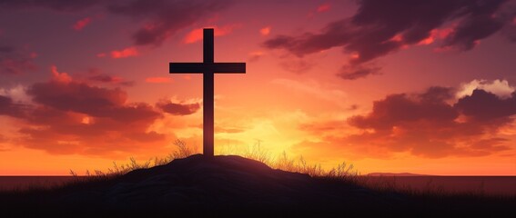 Silhouette of a cross on against a colorful sunset sky