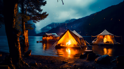 Couple of tents sitting on top of lake next to forest.