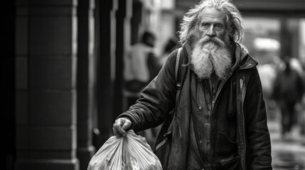 Homeless people on city streets, hungry homeless begging for help and money, Problems of big modern cities. monochrome - obrazy, fototapety, plakaty