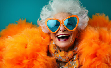 Happy smiling mature woman on colorful background. senior woman, dressed in a colorful neon outfit, dons quirky sunglasses and showcases her extravagant style